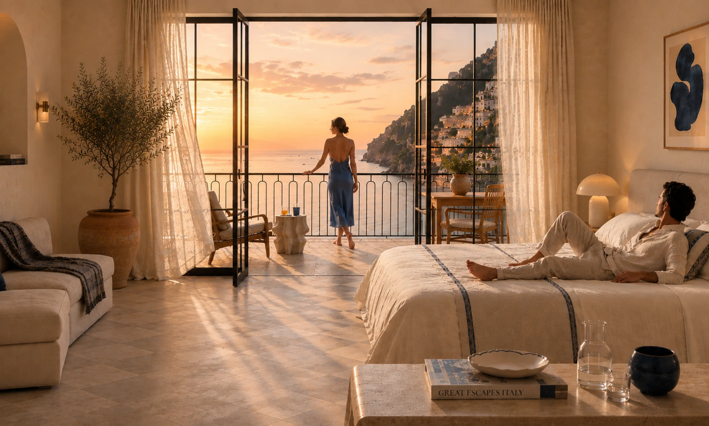 A couple in a coastal bedroom overlooking the sea at sunset.