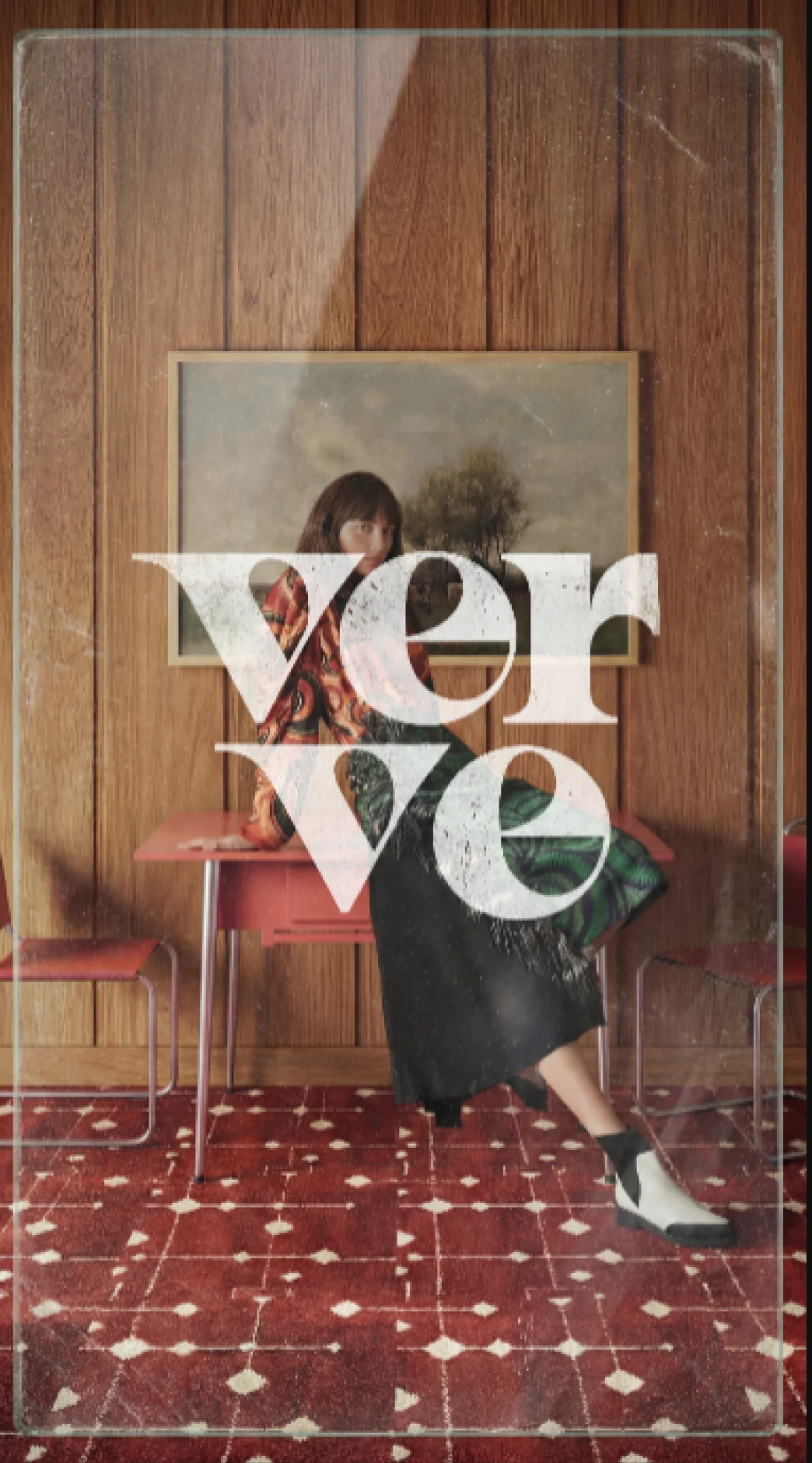 Verve logo over a vintage editorial portrait in a wood-panel interior.